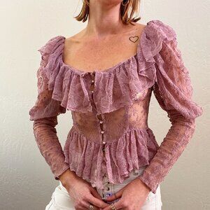 Vintage 1970's Purple Lace Long Sleeve Ruffle Button Up Blouse